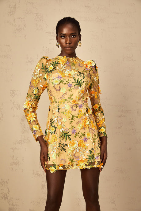 Aurohaya Jolien 3D Floral Appliqué Mini Dress in Yellow