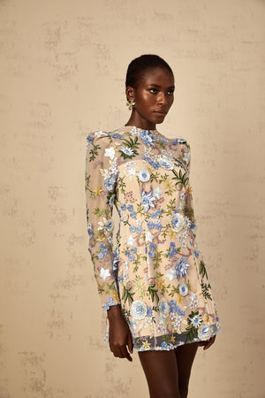 Aurohaya Jolien Blue Floral Appliqué Embroidered Tulle Mini Dress