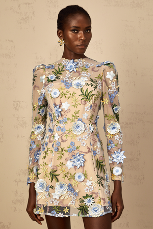 Aurohaya Jolien Blue Floral Appliqué Embroidered Tulle Mini Dress