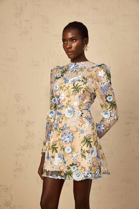 Aurohaya Jolien Blue Floral Appliqué Embroidered Tulle Mini Dress