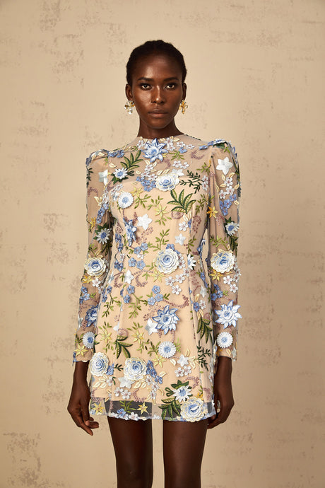 Aurohaya Jolien Blue Floral Appliqué Embroidered Tulle Mini Dress