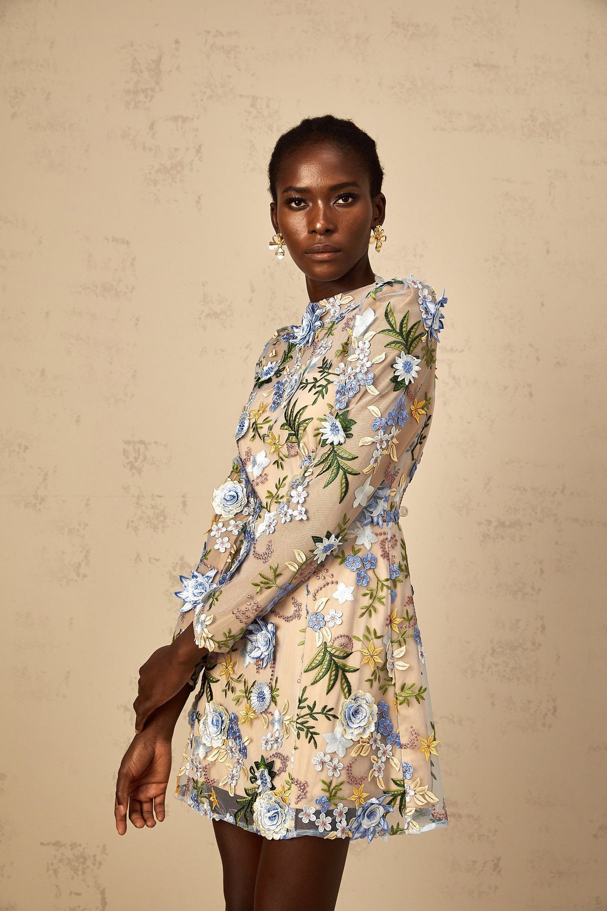 Aurohaya Jolien Blue Floral Appliqué Embroidered Tulle Mini Dress