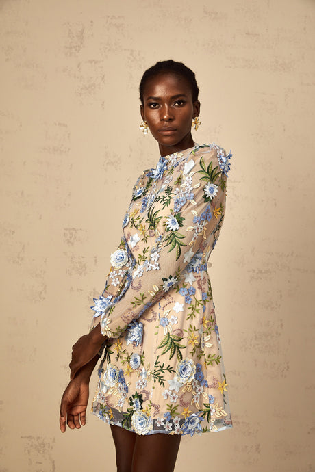 Aurohaya Jolien Blue Floral Appliqué Embroidered Tulle Mini Dress