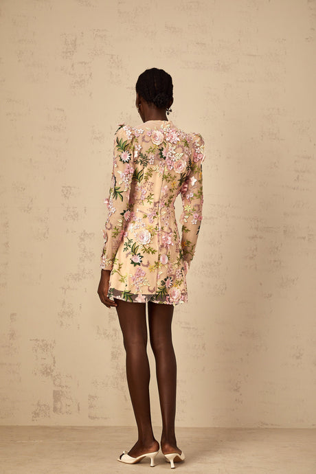 Aurohaya Jolien 3D Floral Appliqué Mini Dress in Pink
