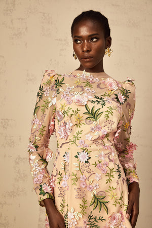 Aurohaya Jolien 3D Floral Appliqué Mini Dress in Pink