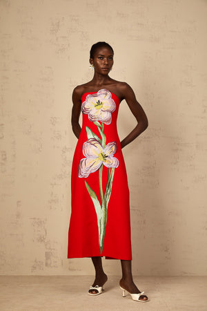 Aurohaya Irène Sequin Embroidered Off-Shoulder Midi Dress in Red