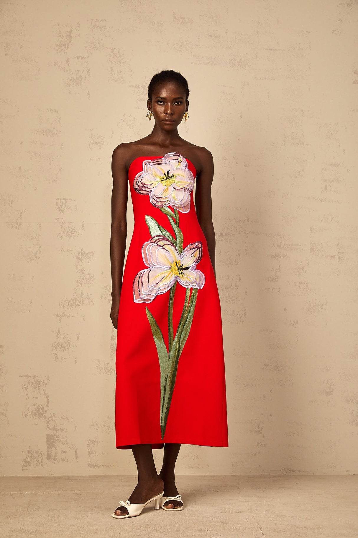 Aurohaya Irène Sequin Embroidered Off-Shoulder Midi Dress in Red