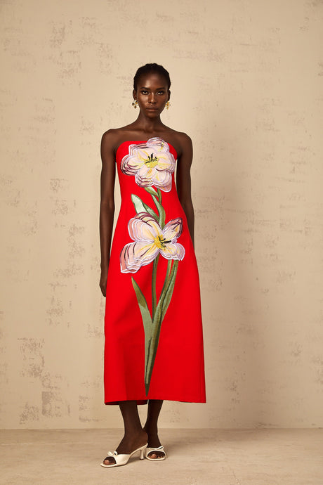 Aurohaya Irène Sequin Embroidered Off-Shoulder Midi Dress in Red