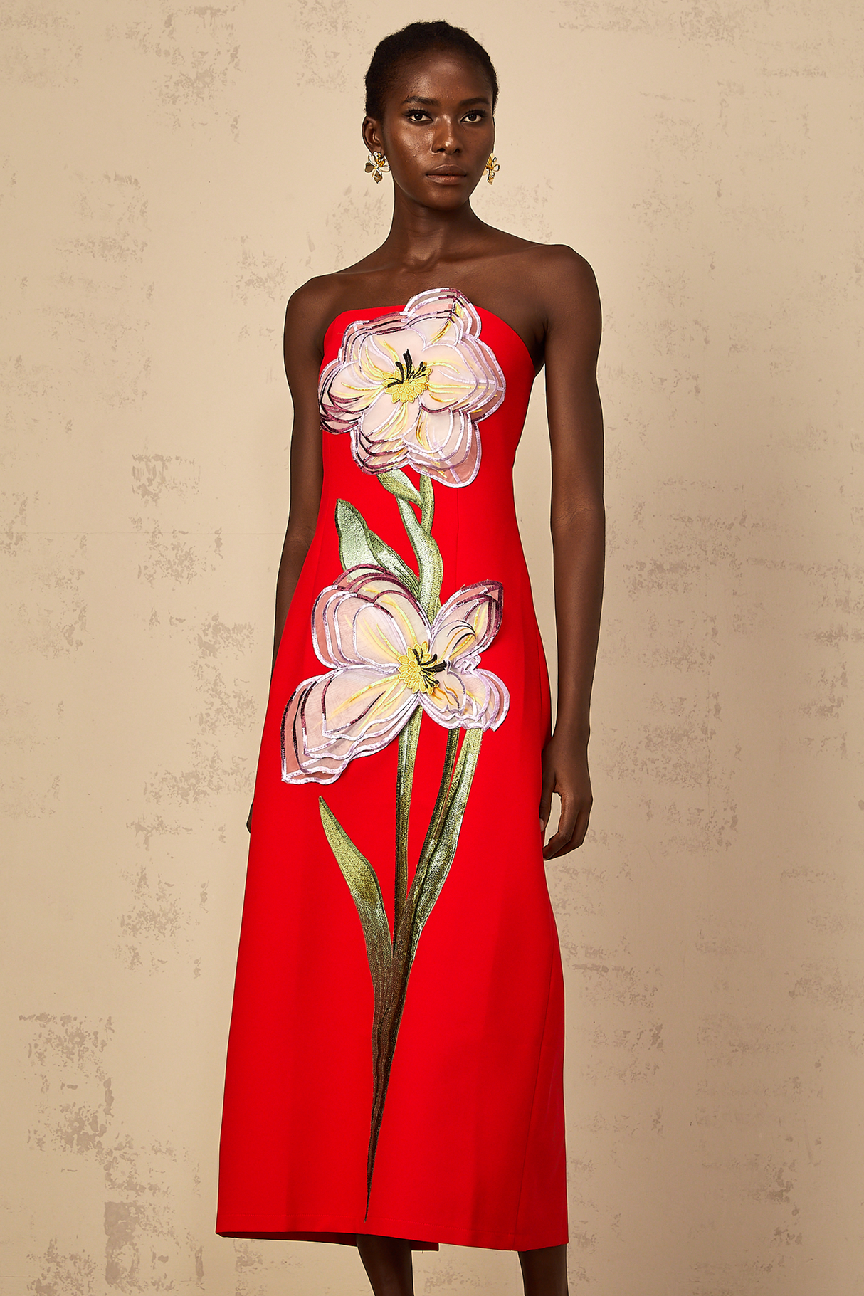 Aurohaya Irène Sequin Embroidered Off-Shoulder Midi Dress in Red