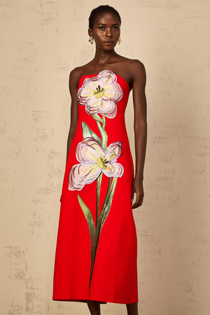 Aurohaya Irène Sequin Embroidered Off-Shoulder Midi Dress in Red