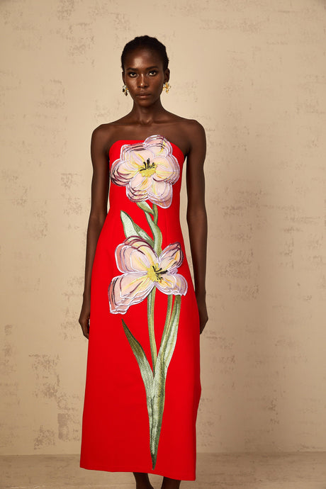 Aurohaya Irène Sequin Embroidered Off-Shoulder Midi Dress in Red