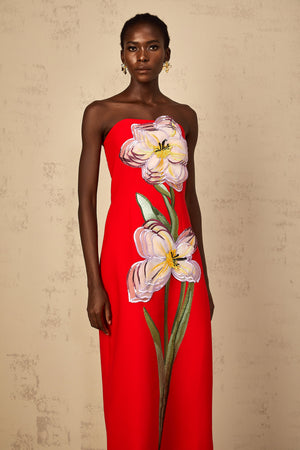 Aurohaya Irène Sequin Embroidered Off-Shoulder Midi Dress in Red