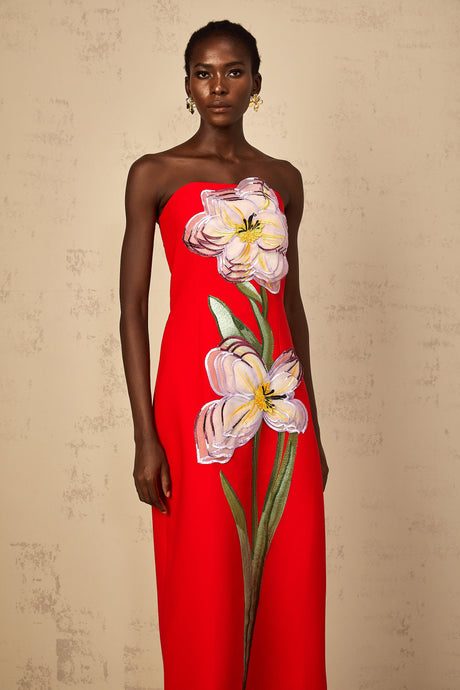 Aurohaya Irène Sequin Embroidered Off-Shoulder Midi Dress in Red