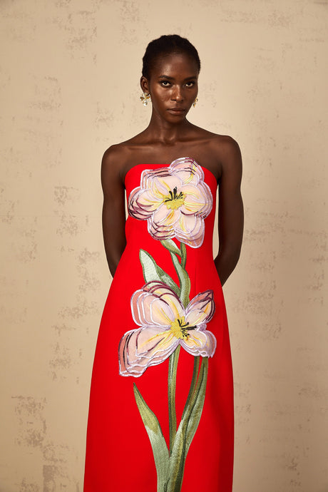 Aurohaya Irène Sequin Embroidered Off-Shoulder Midi Dress in Red