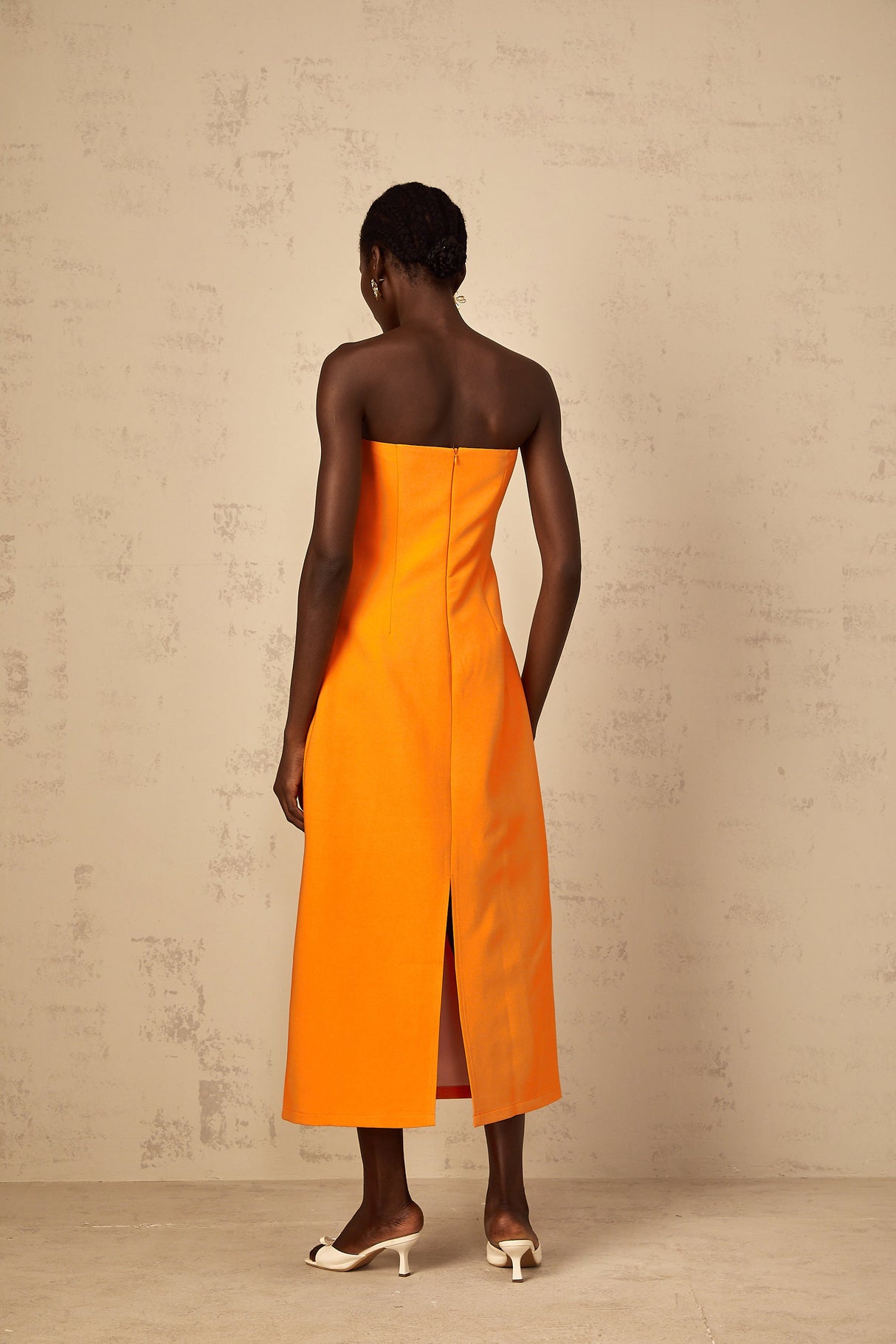 Aurohaya Irène Sequin Embroidered Off-Shoulder Midi Dress in Orange