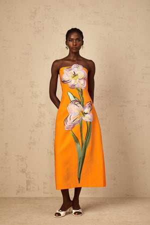 Aurohaya Irène Sequin Embroidered Off-Shoulder Midi Dress in Orange