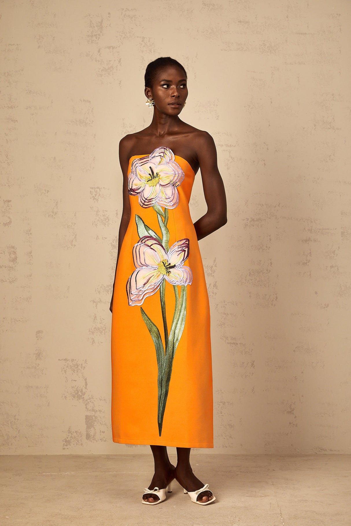 Aurohaya Irène Sequin Embroidered Off-Shoulder Midi Dress in Orange
