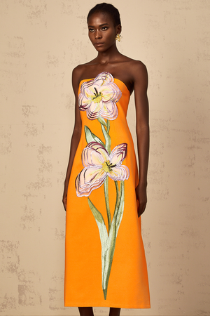 Aurohaya Irène Sequin Embroidered Off-Shoulder Midi Dress in Orange
