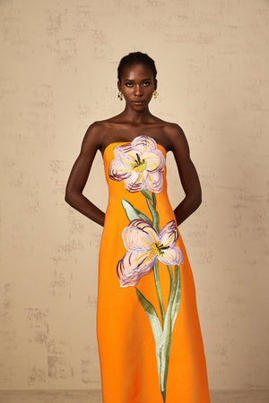 Aurohaya Irène Sequin Embroidered Off-Shoulder Midi Dress in Orange