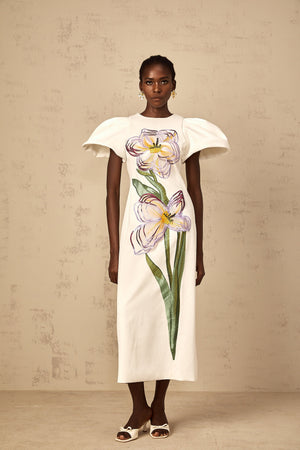 Aurohaya Irène White Sequin Floral Embroidered Midi Dress