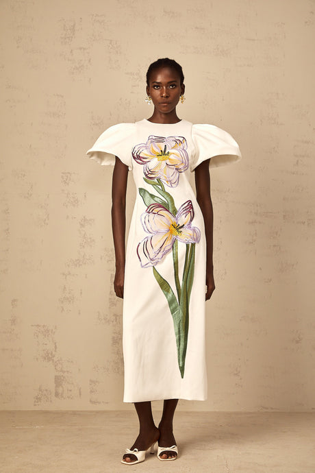 Aurohaya Irène White Sequin Floral Embroidered Midi Dress
