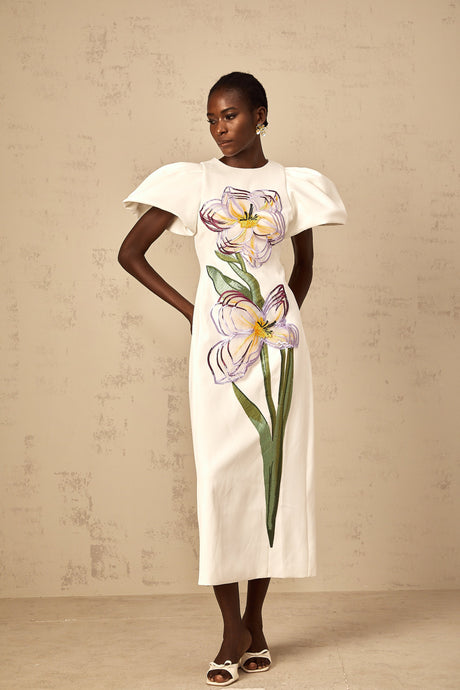 Aurohaya Irène White Sequin Floral Embroidered Midi Dress