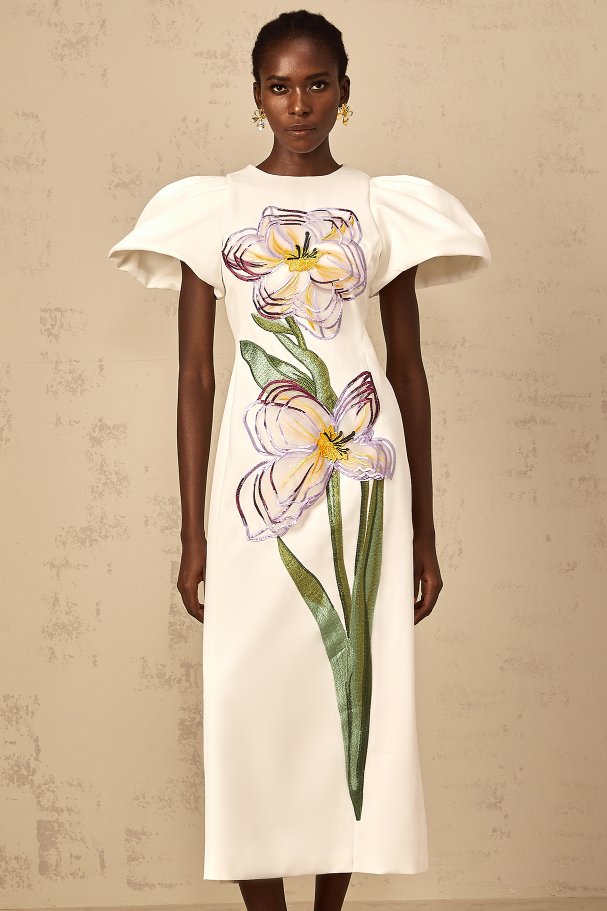 Aurohaya Irène White Sequin Floral Embroidered Midi Dress