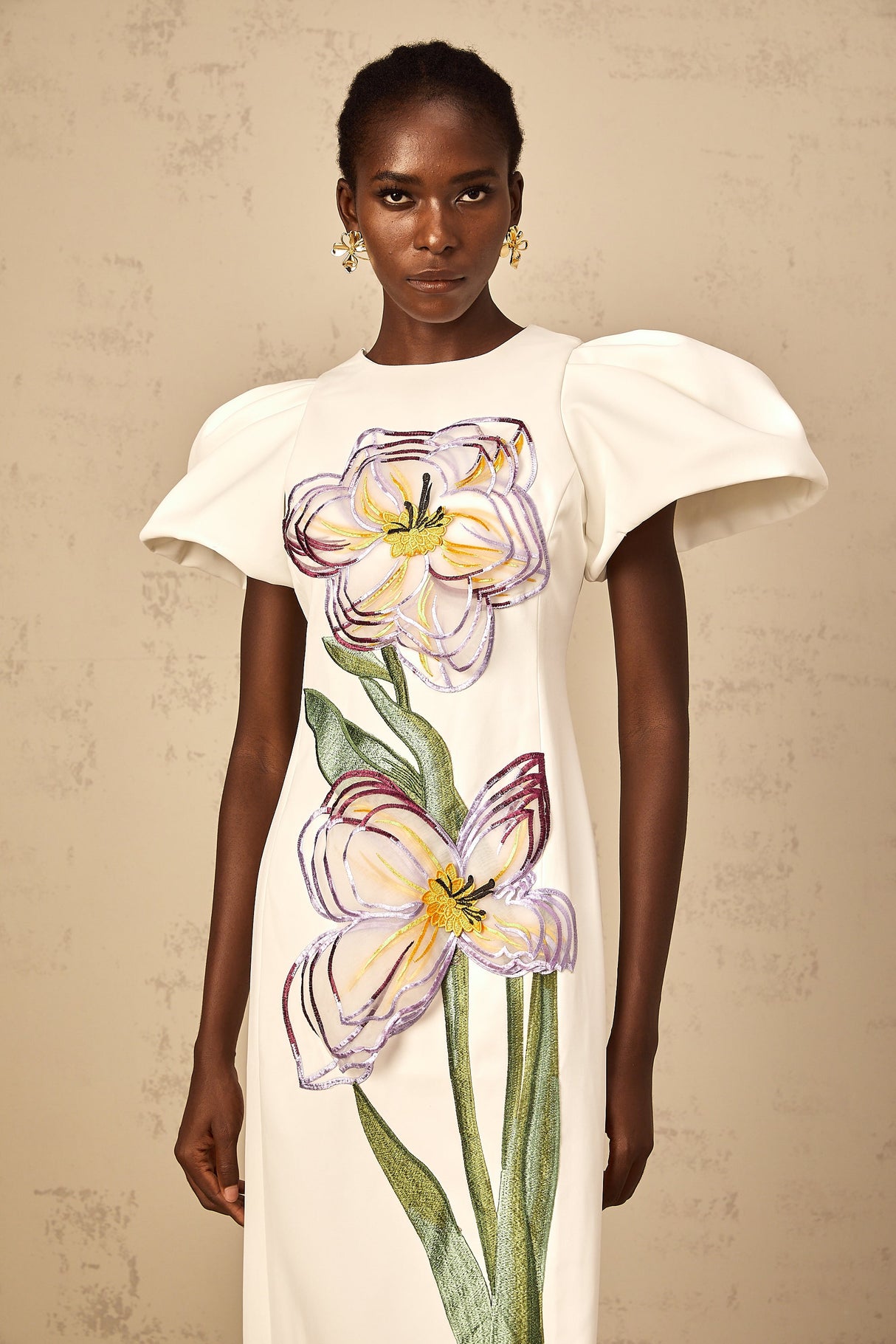 Aurohaya Irène White Sequin Floral Embroidered Midi Dress