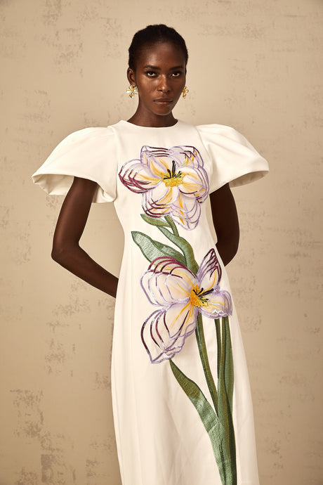 Aurohaya Irène White Sequin Floral Embroidered Midi Dress