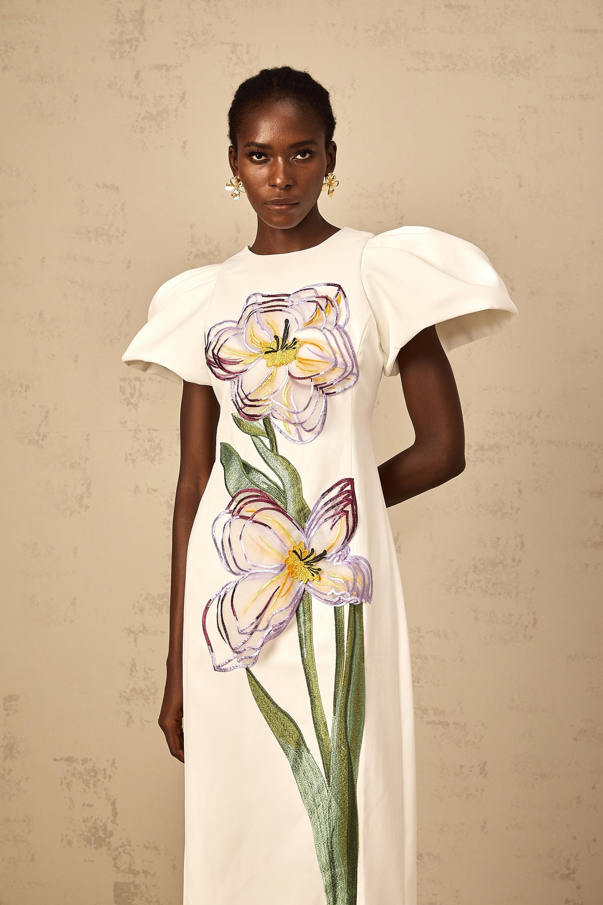 Aurohaya Irène White Sequin Floral Embroidered Midi Dress