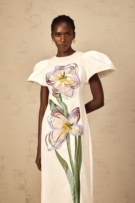Aurohaya Irène White Sequin Floral Embroidered Midi Dress