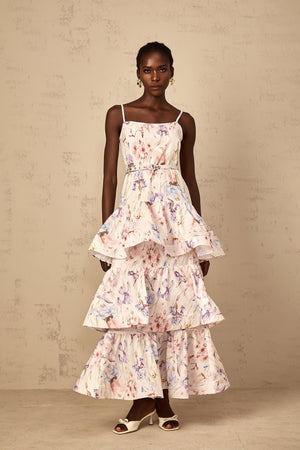 Aurohaya Géraldine White Floral Print Ruffled Tiered Maxi Dress