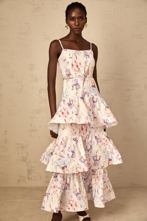 Aurohaya Géraldine White Floral Print Ruffled Tiered Maxi Dress