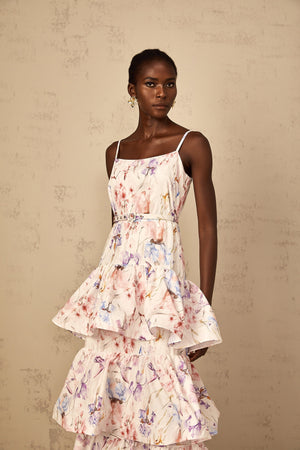 Aurohaya Géraldine White Floral Print Ruffled Tiered Maxi Dress