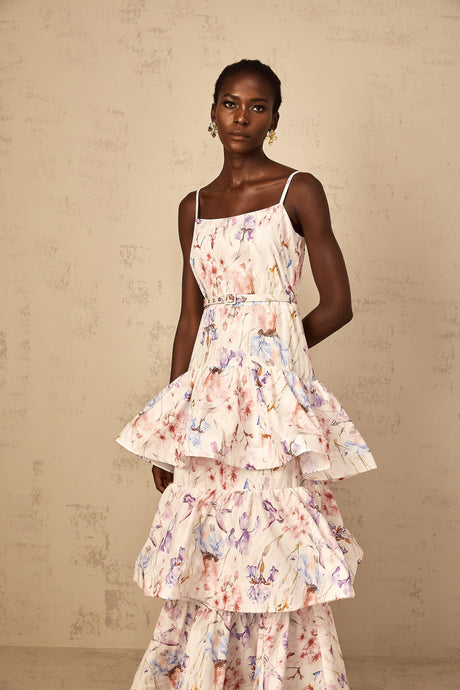 Aurohaya Géraldine White Floral Print Ruffled Tiered Maxi Dress