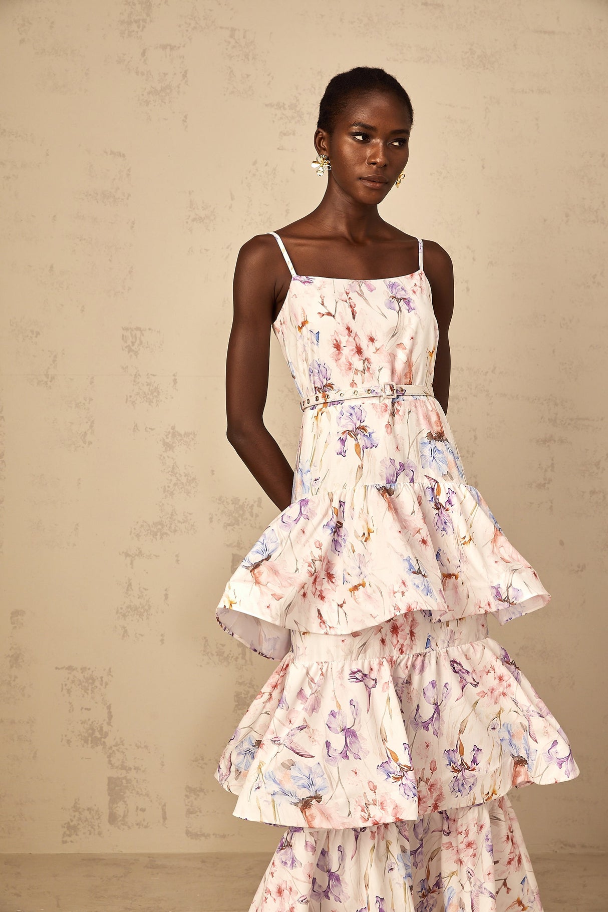 Aurohaya Géraldine White Floral Print Ruffled Tiered Maxi Dress