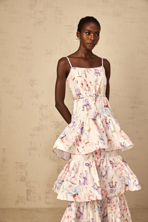 Aurohaya Géraldine White Floral Print Ruffled Tiered Maxi Dress