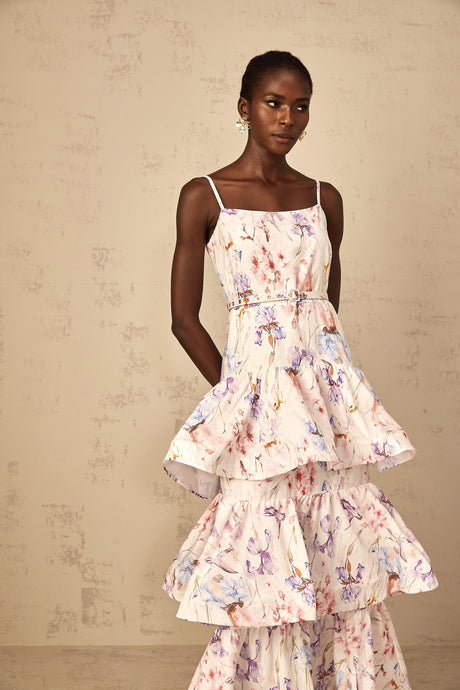 Aurohaya Géraldine White Floral Print Ruffled Tiered Maxi Dress