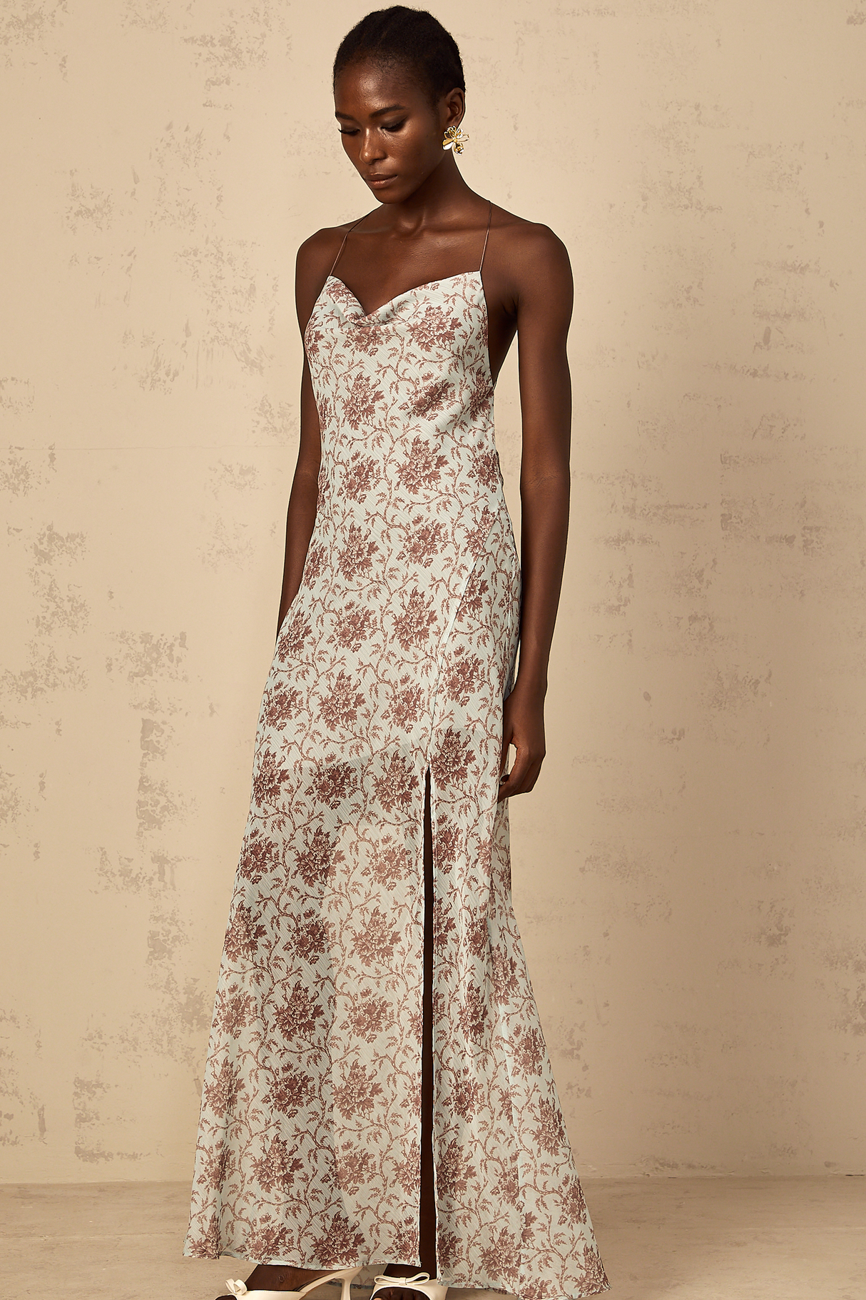 Aurohaya Honorine Blue Sleeveless Floral Print Maxi Dress
