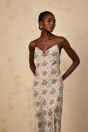 Aurohaya Honorine Blue Sleeveless Floral Print Maxi Dress