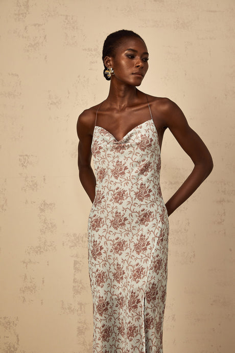 Aurohaya Honorine Blue Sleeveless Floral Print Maxi Dress