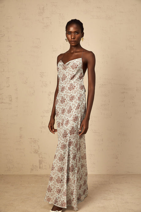 Aurohaya Honorine Blue Sleeveless Floral Print Maxi Dress