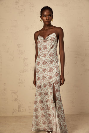 Aurohaya Honorine Blue Sleeveless Floral Print Maxi Dress