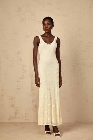 Aurohaya Eléonore Floral Embroidered Crochet Knit Maxi Dress
