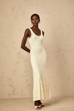 Aurohaya Eléonore Floral Embroidered Crochet Knit Maxi Dress
