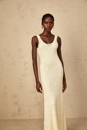 Aurohaya Eléonore Floral Embroidered Crochet Knit Maxi Dress