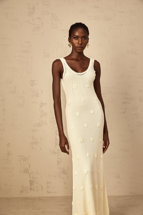 Aurohaya Eléonore Floral Embroidered Crochet Knit Maxi Dress