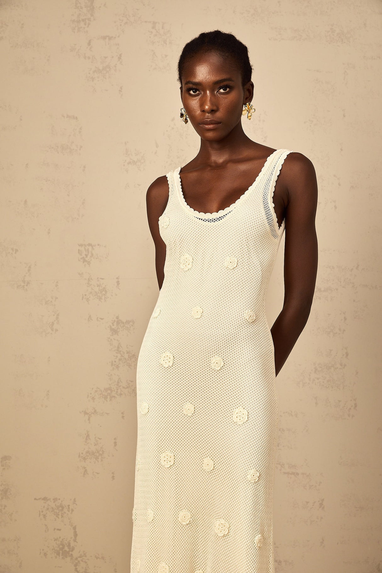 Aurohaya Eléonore Floral Embroidered Crochet Knit Maxi Dress