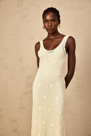 Aurohaya Eléonore Floral Embroidered Crochet Knit Maxi Dress