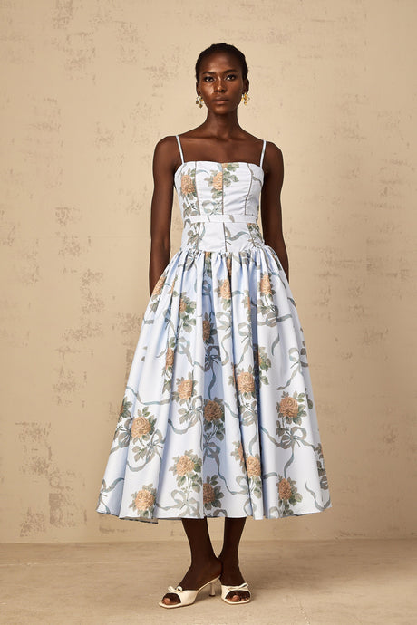 Aurohaya Fleur Blue Floral Print Midi Dress